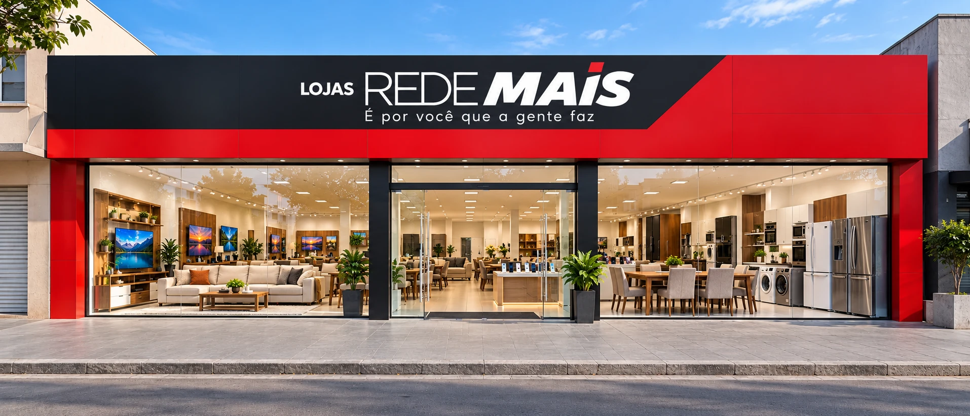 Fachada ilustrativa Lojas Rede Mais com slogan e exposição de móveis, eletrodomésticos, TVs e celulares