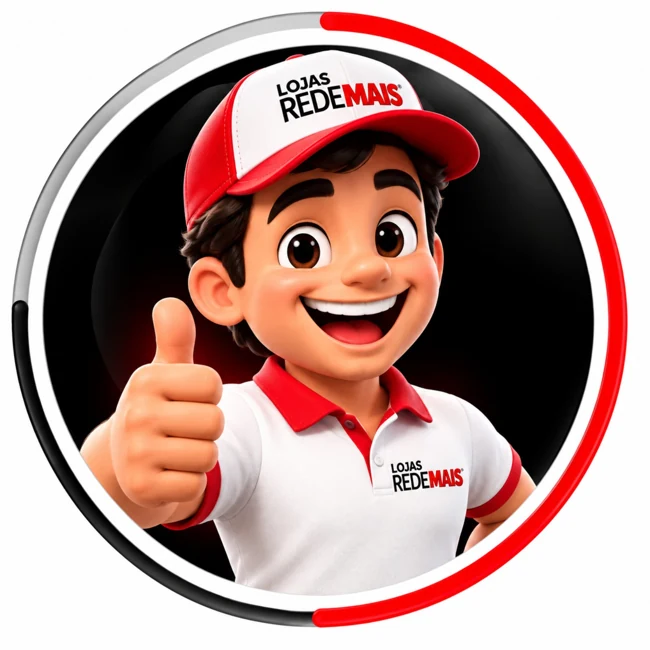Mascote das Lojas Rede Mais sorrindo e fazendo sinal de positivo